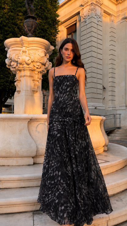 Front view of black printed square neck spaghetti strap maxi dress