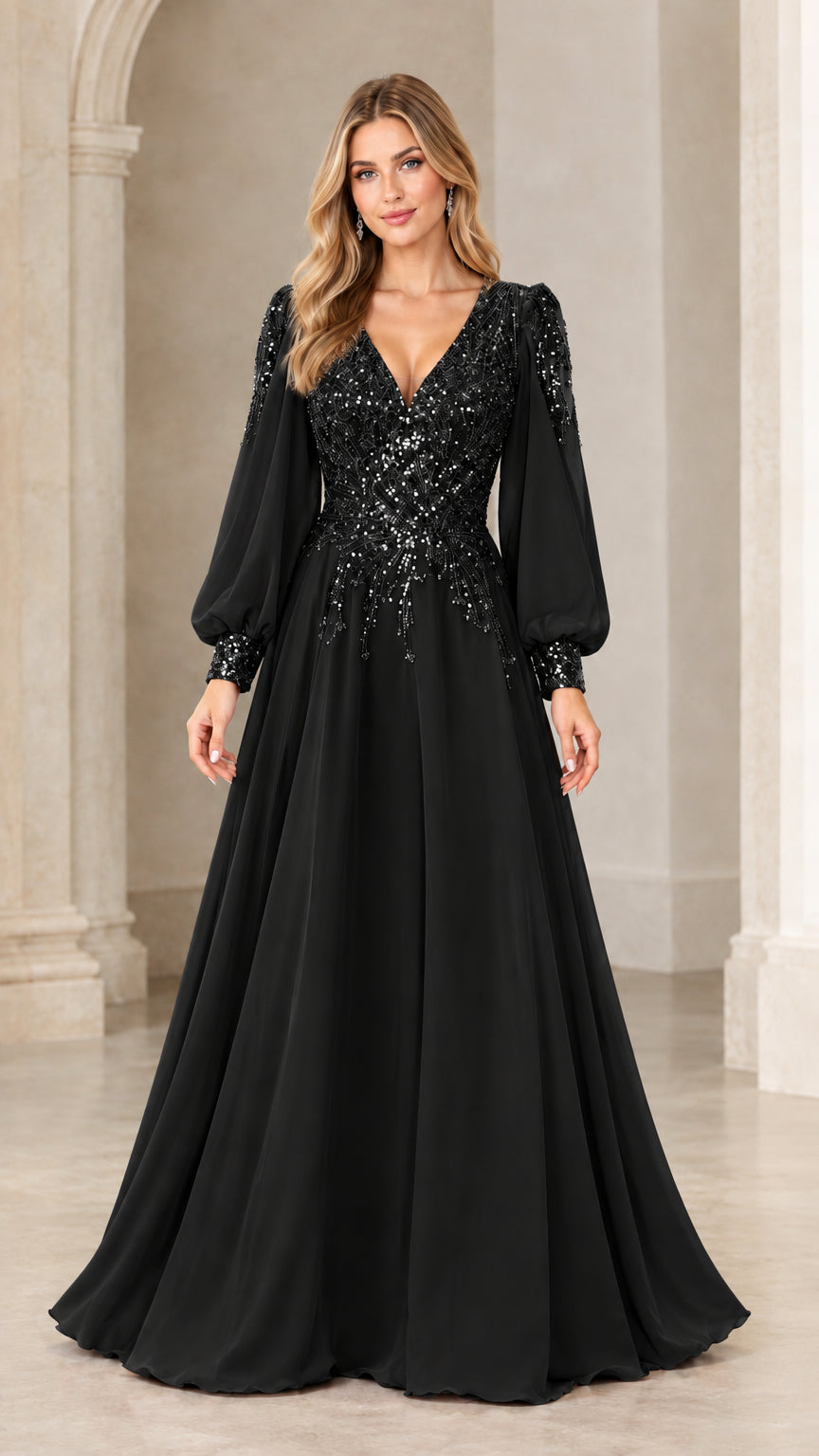 Front view of model wearing black sequin-embellished long sleeve formal gown