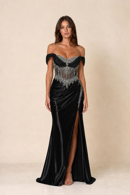 Front view of black color variant of off-shoulder evening gown