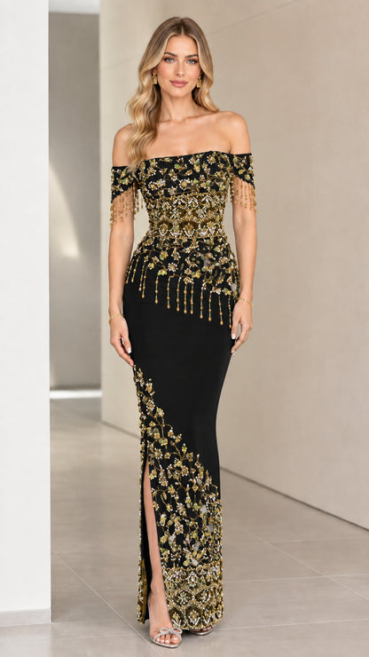 Black off-the-shoulder evening maxi dress with gold beading and fringe