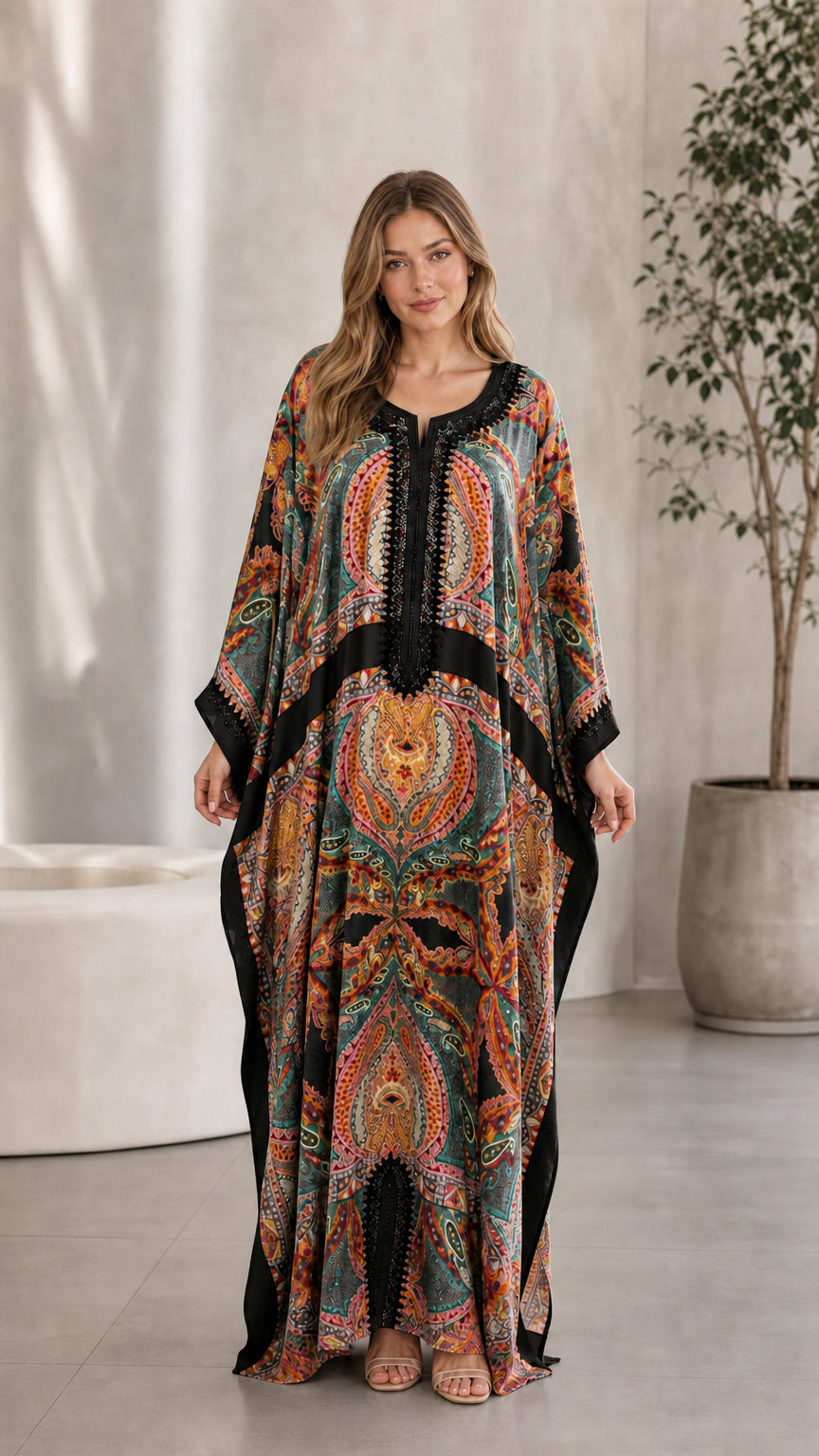Front view of model wearing Black paisley print embroidered kaftan dress