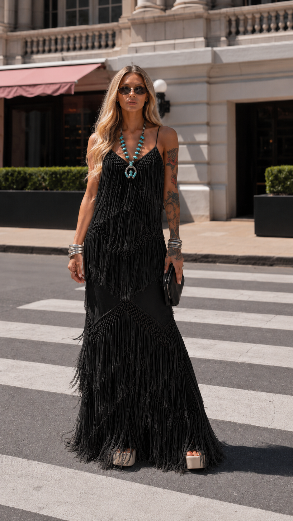 Front view of black fringe cami maxi dress with long flowing fringe