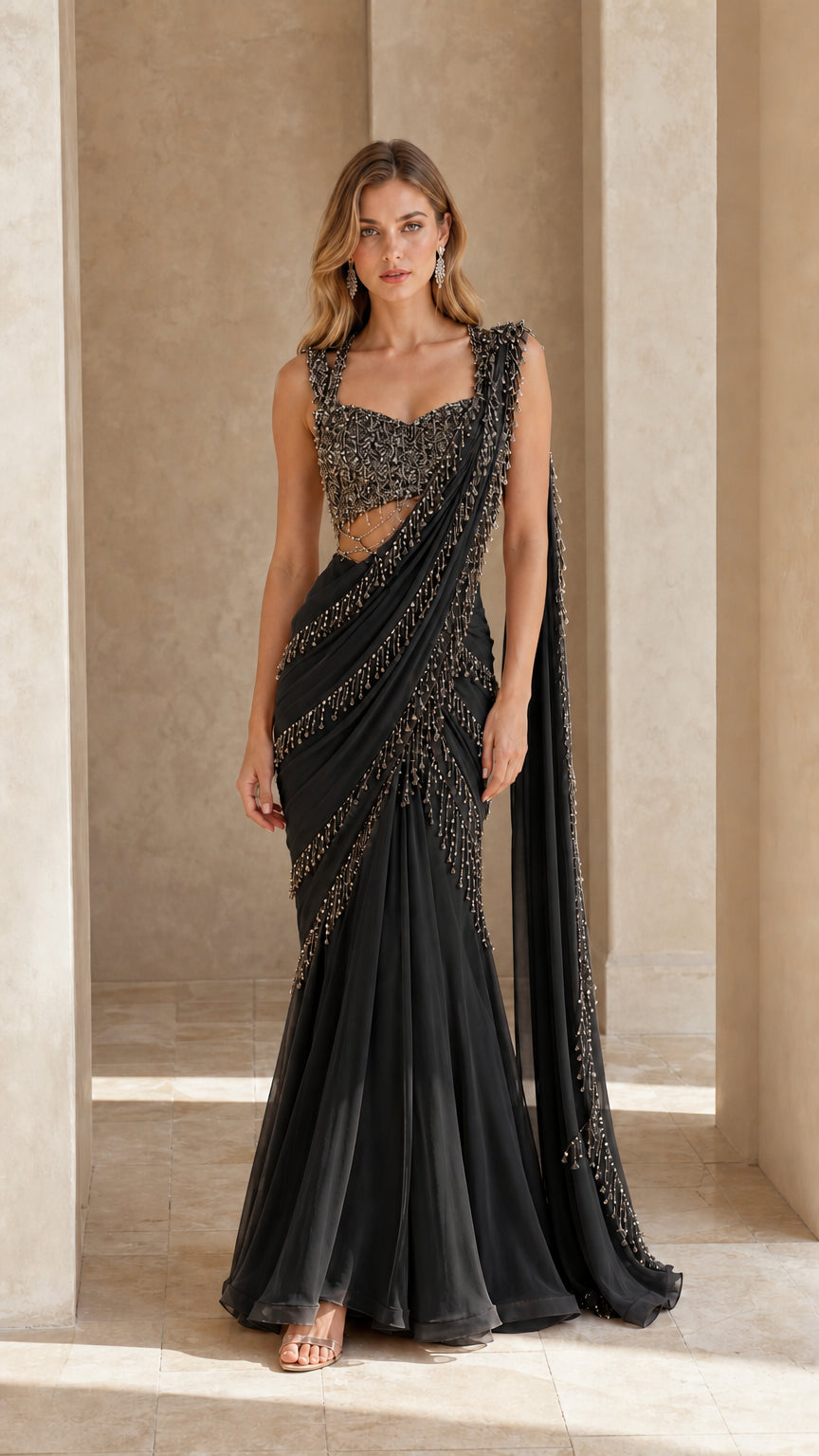 Front full view of black embellished pre-draped saree evening gown