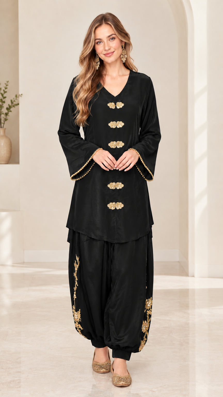 Full front view of black satin embroidered tunic and salwar co-ord set