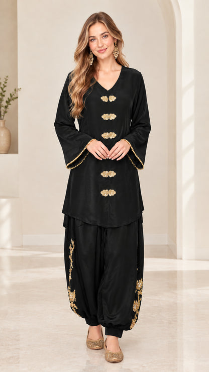 Full front view of black satin embroidered tunic and salwar co-ord set