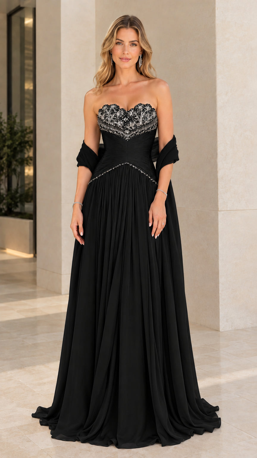 Front view of model wearing Black strapless beaded chiffon formal gown with matching shawl