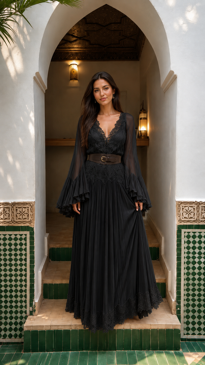 Front view of black lace trim pleated maxi dress with long bell sleeves and dark waist belt