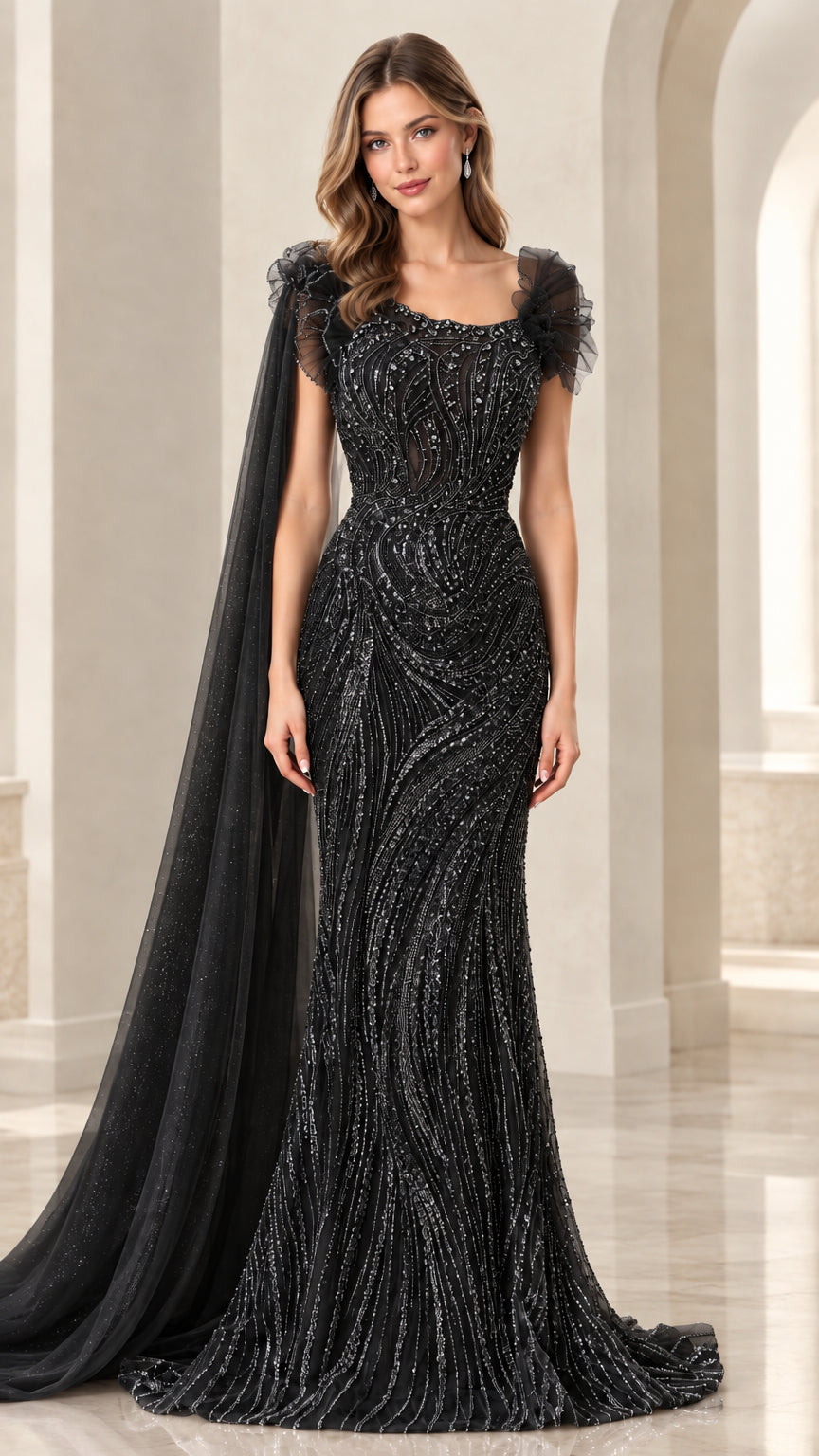 Full-length black beaded sequin mermaid evening gown with back cape