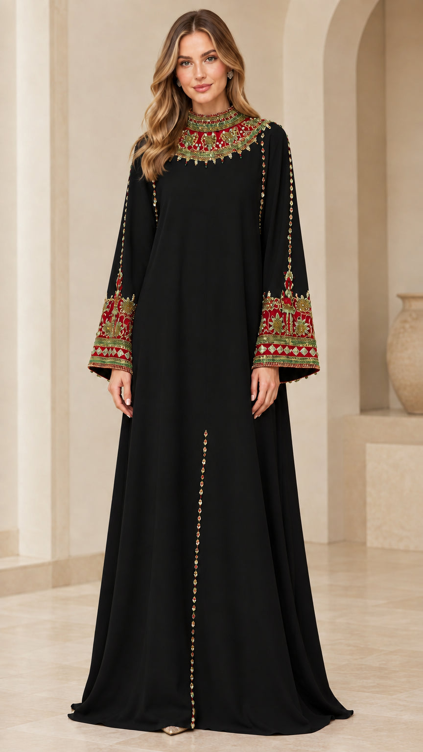 Full front view of Black embroidered high neck maxi kaftan dress