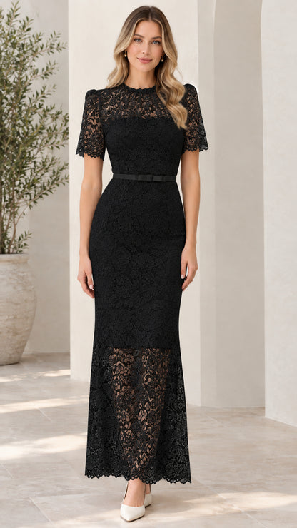 Black short sleeve floral lace maxi evening dress