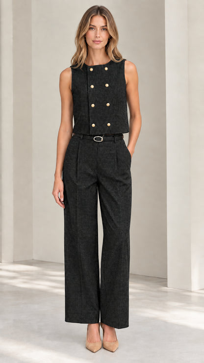 Women's tailored sleeveless vest and wide leg pants set in black
