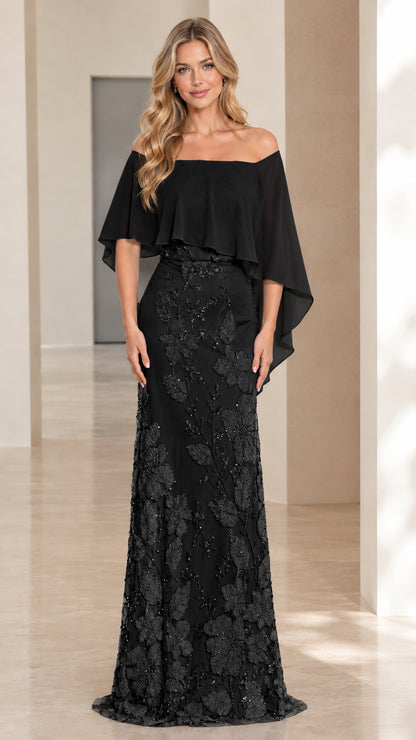 Black off-the-shoulder evening gown with capelet overlay and floral lace