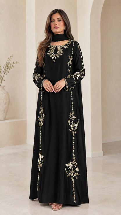 Black embroidered long sleeve maxi abaya dress with matching neck scarf