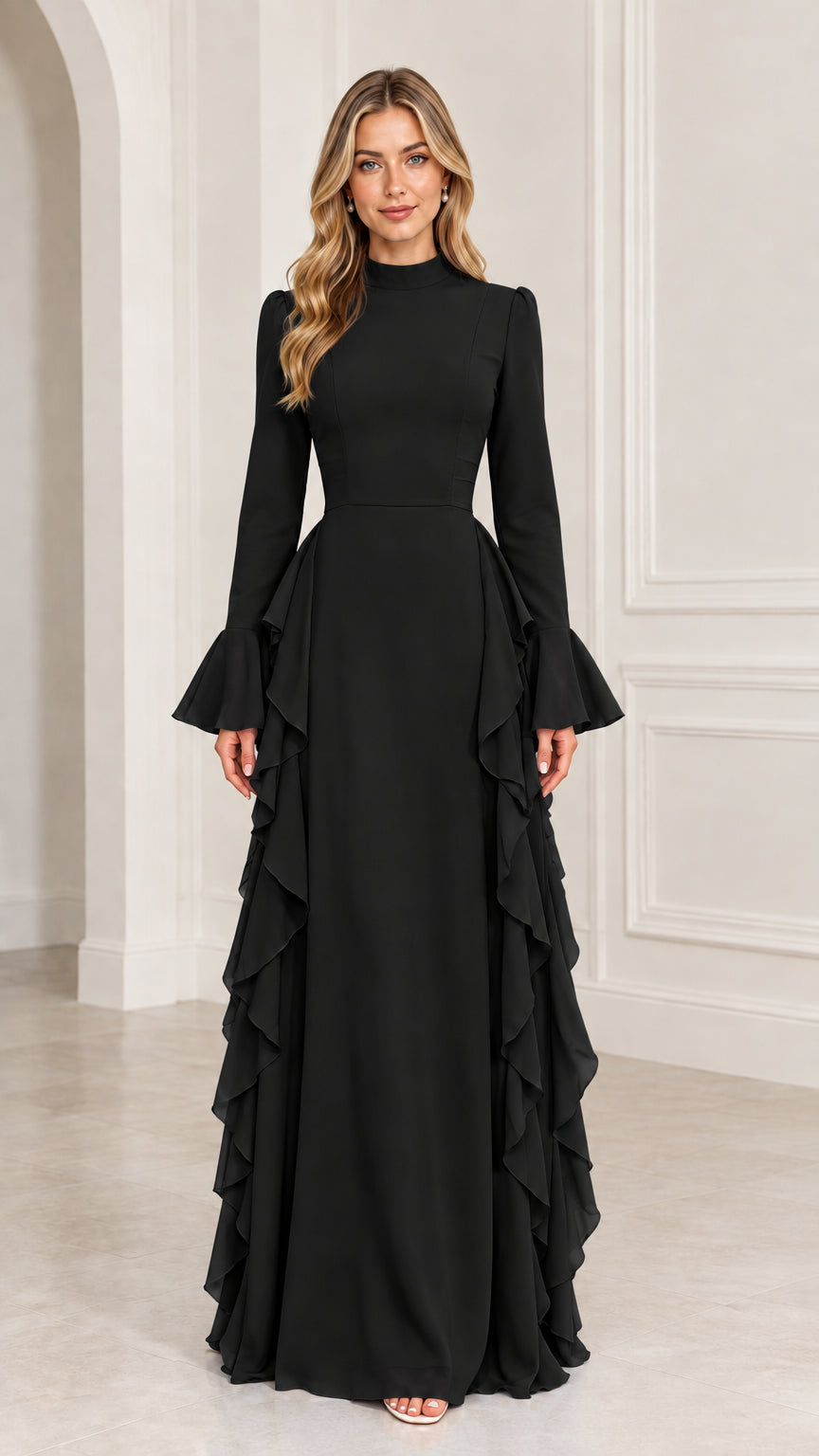 Front view of woman wearing Black mock neck evening gown with side ruffles