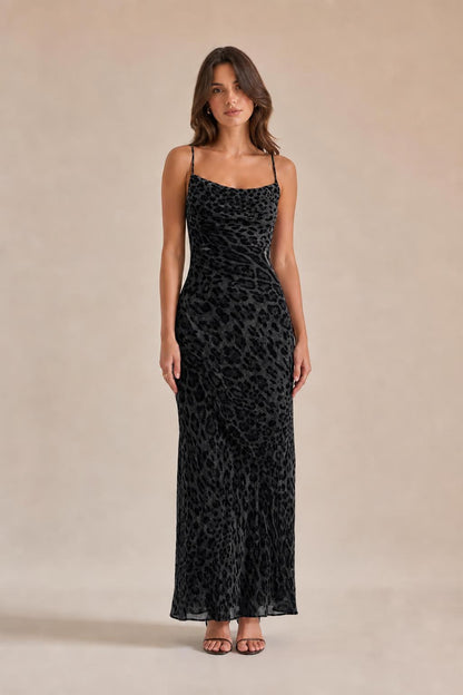 Front view of black leopard print maxi slip dress variant
