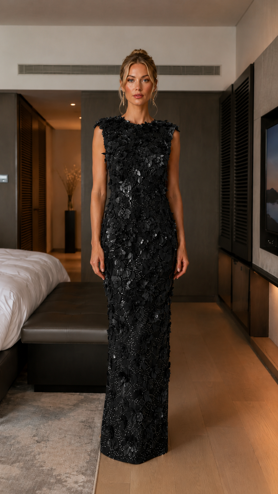 Front view of black sleeveless floor-length floral embellished evening gown