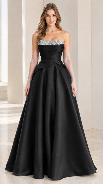 Black strapless satin A-line formal gown with embellished neckline