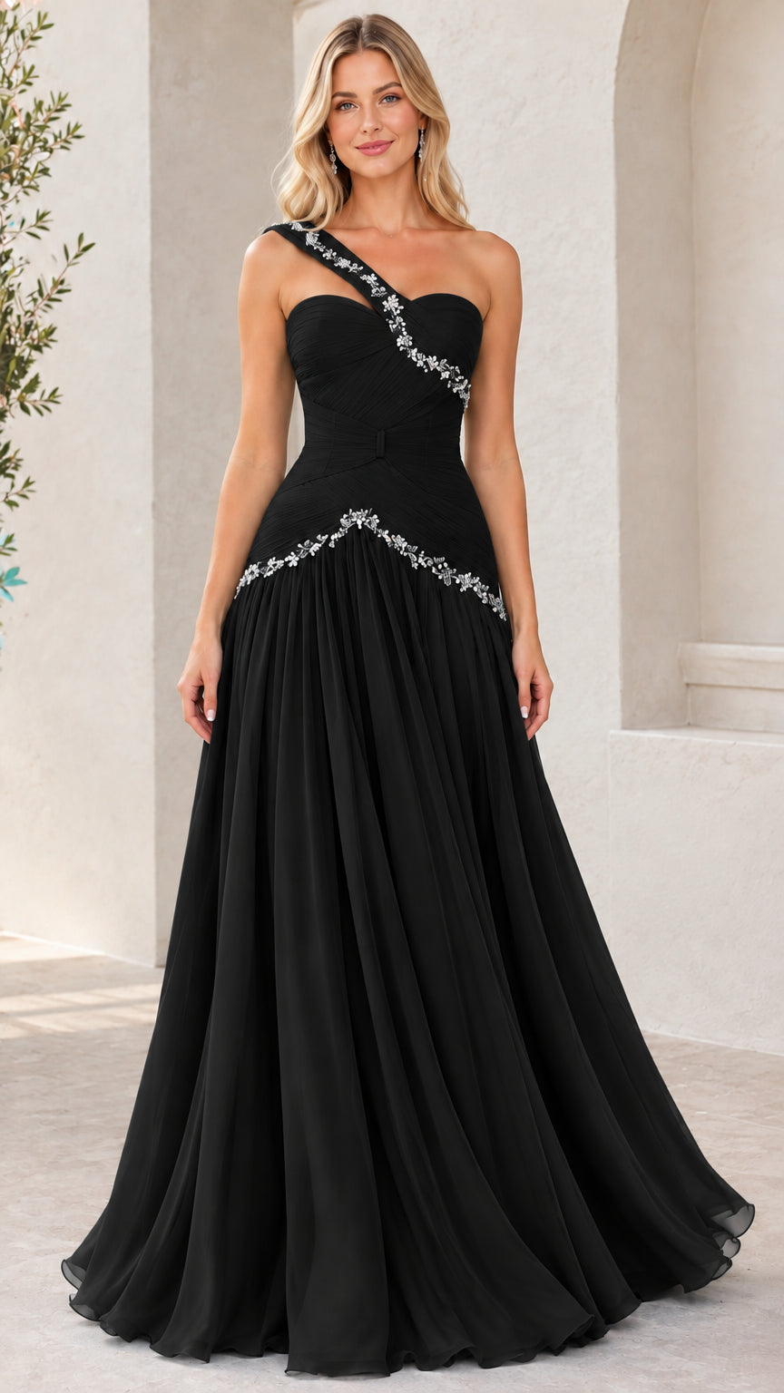 Black one-shoulder rhinestone embellished chiffon evening gown