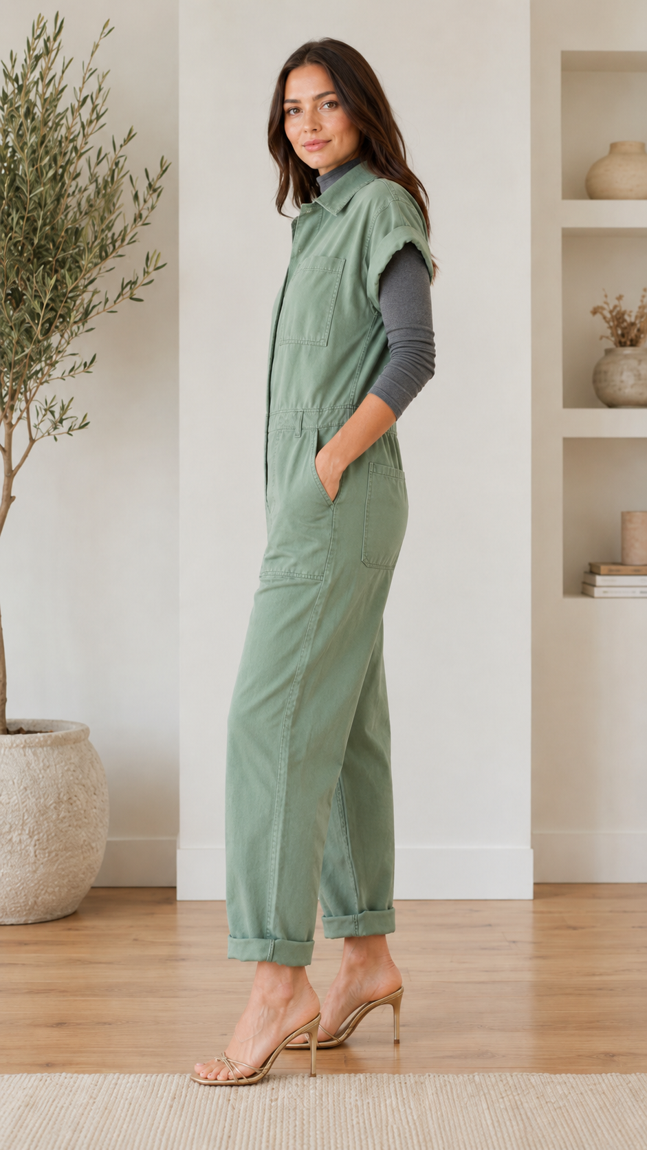 Side view of sage utility jumpsuit with pockets, elastic waist, and cuffed hem