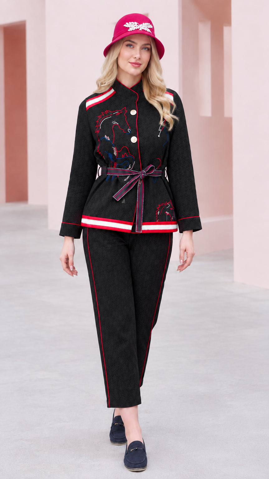 Black embroidered stand collar jacket and pants two-piece set