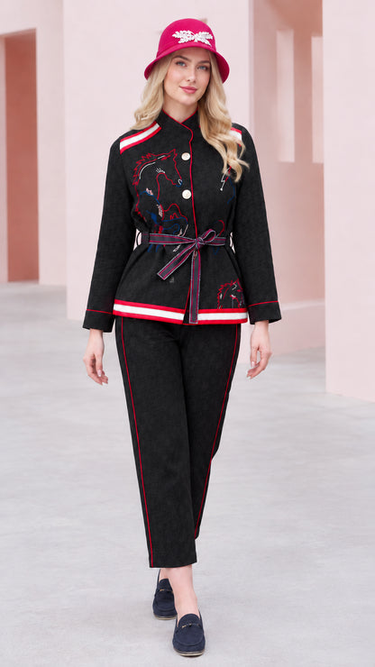 Black embroidered stand collar jacket and pants two-piece set