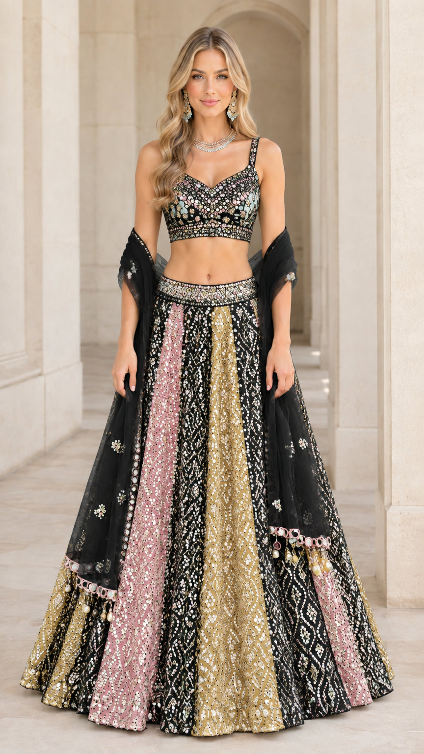 Model wearing black and gold multi panel embroidered lehenga choli set