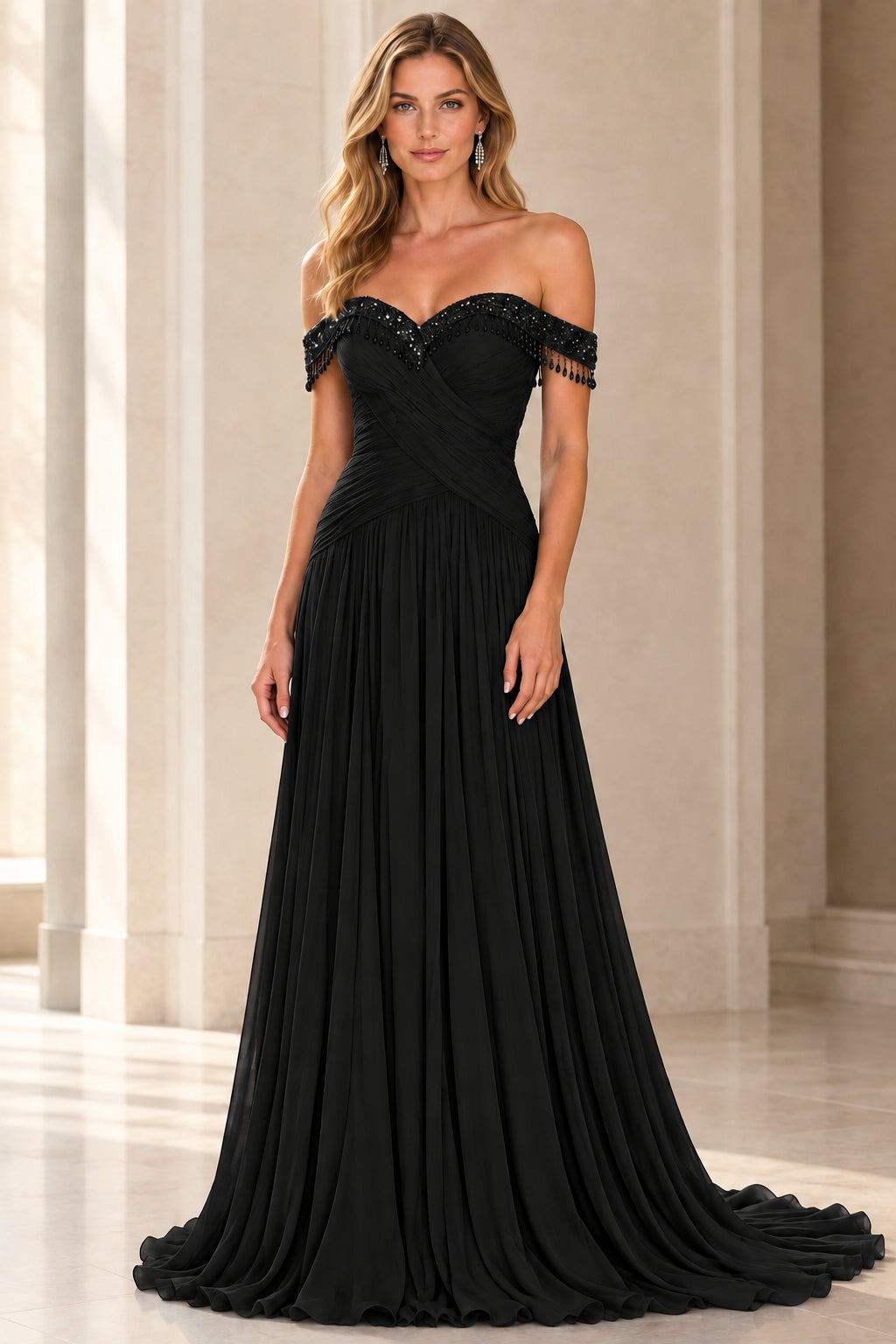 Black off-the-shoulder beaded formal evening gown