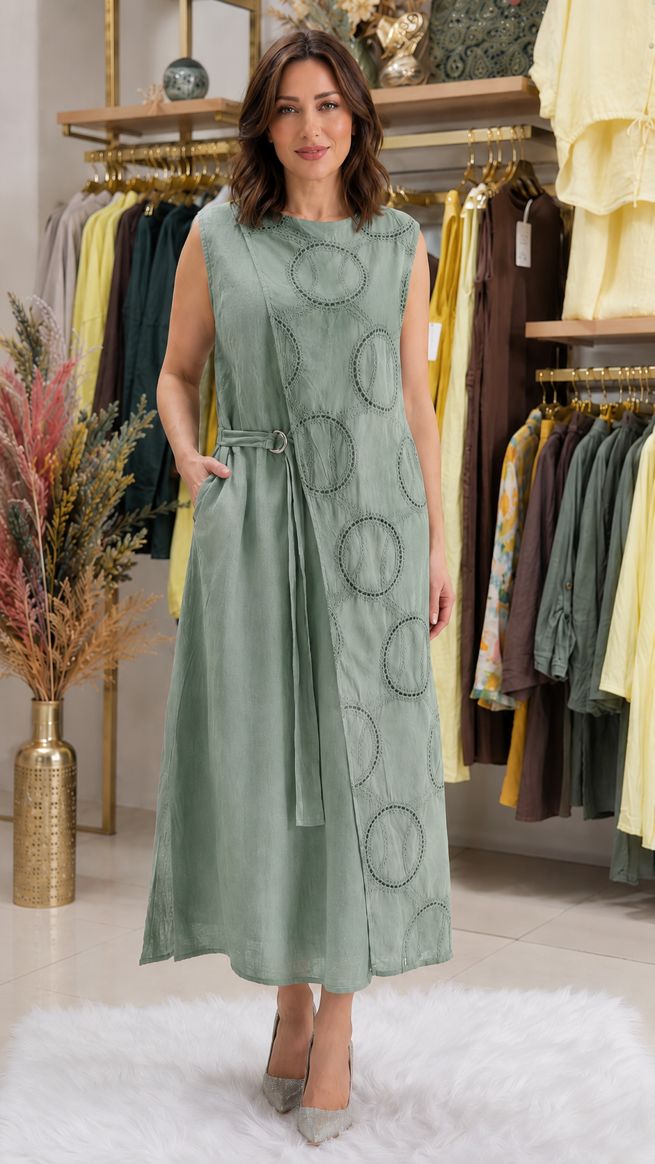 Women's sage sleeveless midi dress with textured circle detail and belted waist front view
