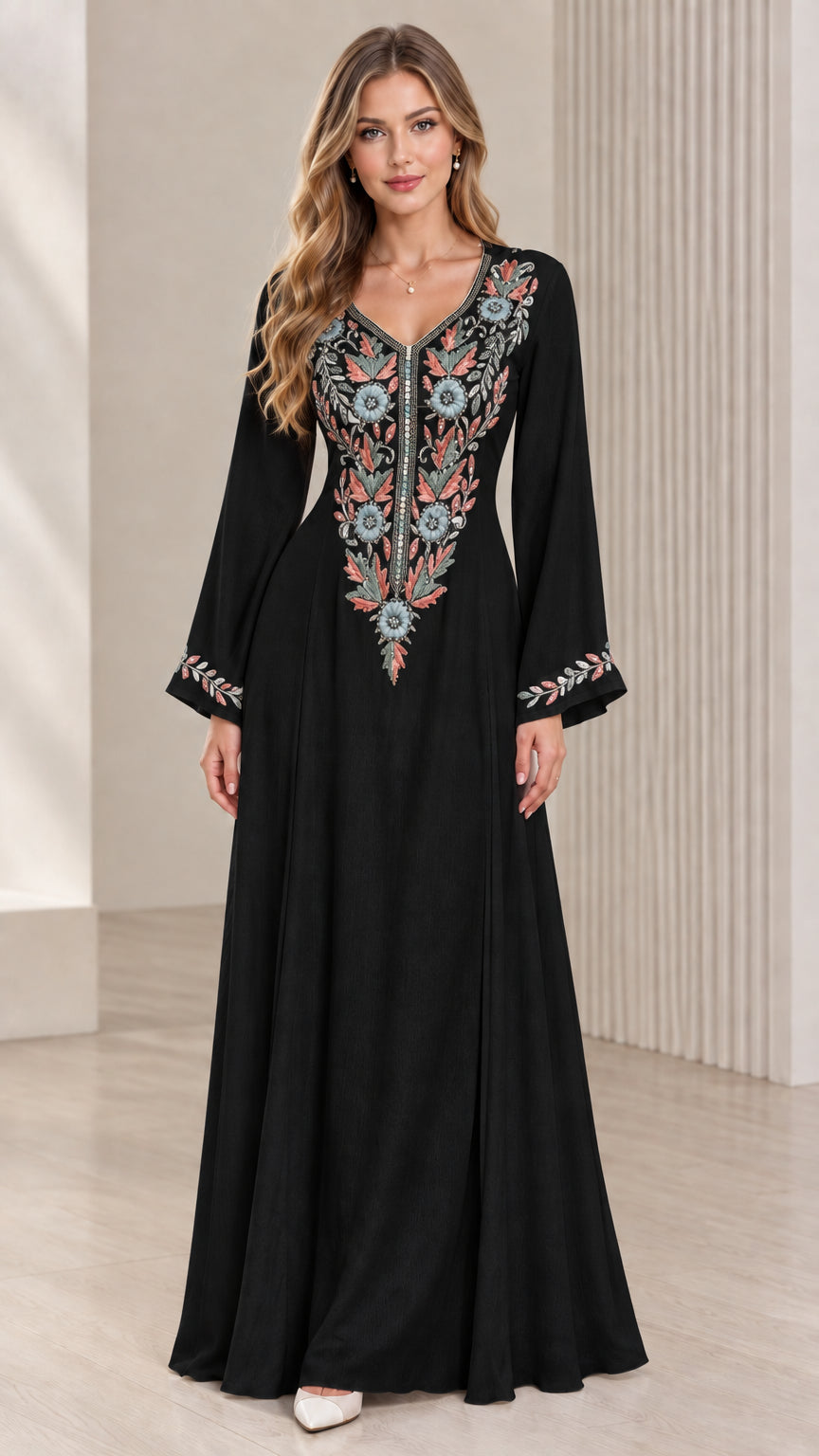Black embroidered V-neck long bell sleeve maxi kaftan dress