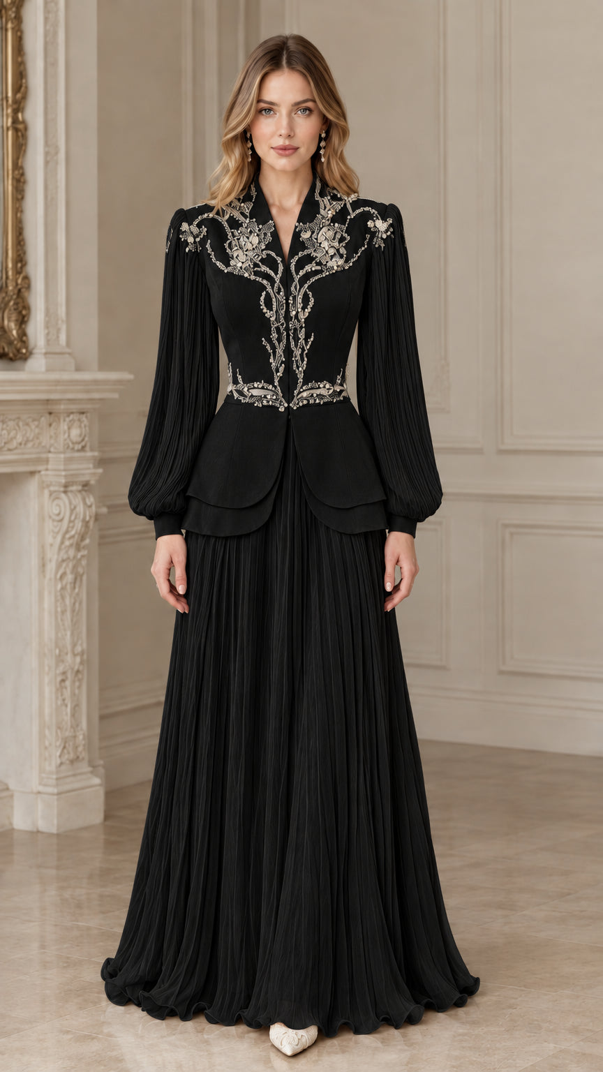 Front view of black embroidered peplum formal evening gown set