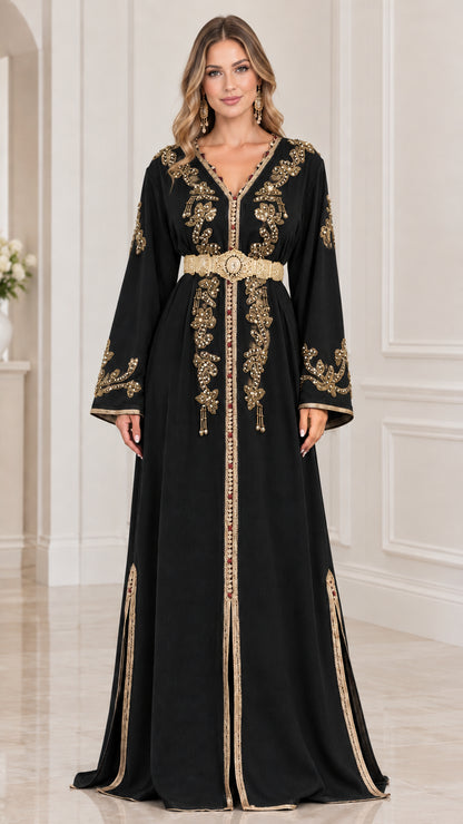 Front view of model wearing Black Moroccan kaftan maxi dress with gold embroidery