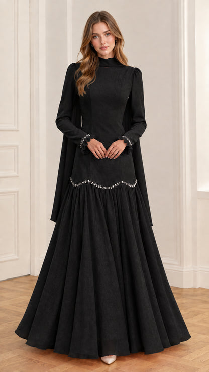 Black high-neck long-sleeve embellished maxi evening dress