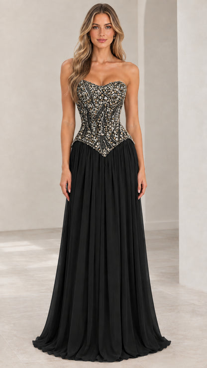 Front view of black strapless beaded corset basque waist formal evening gown