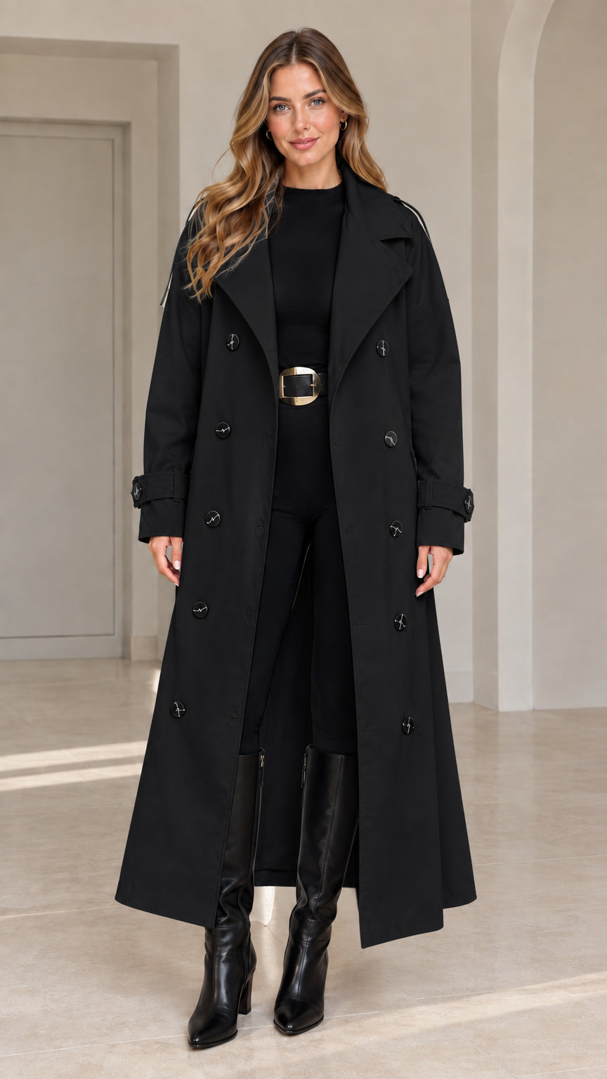 Front view of woman wearing black maxi double-breasted belted trench coat