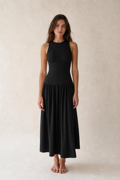 Front view of woman wearing Black sleeveless midi dress