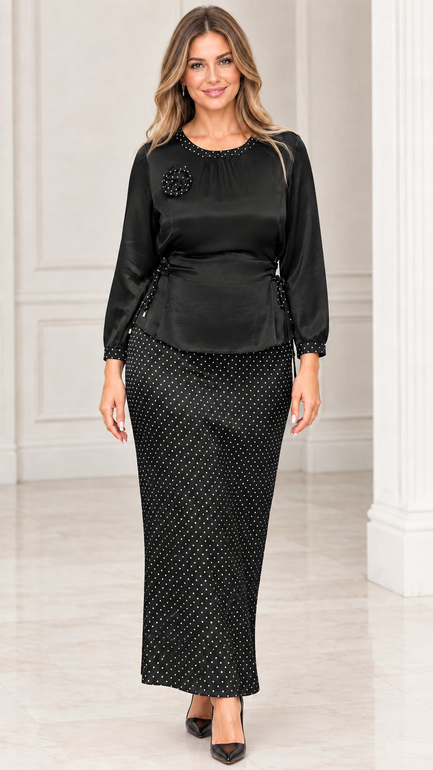 Front view of Black satin blouse and polka dot maxi skirt set