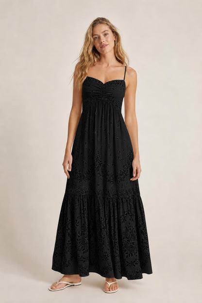 Front view of black floral maxi dress on model