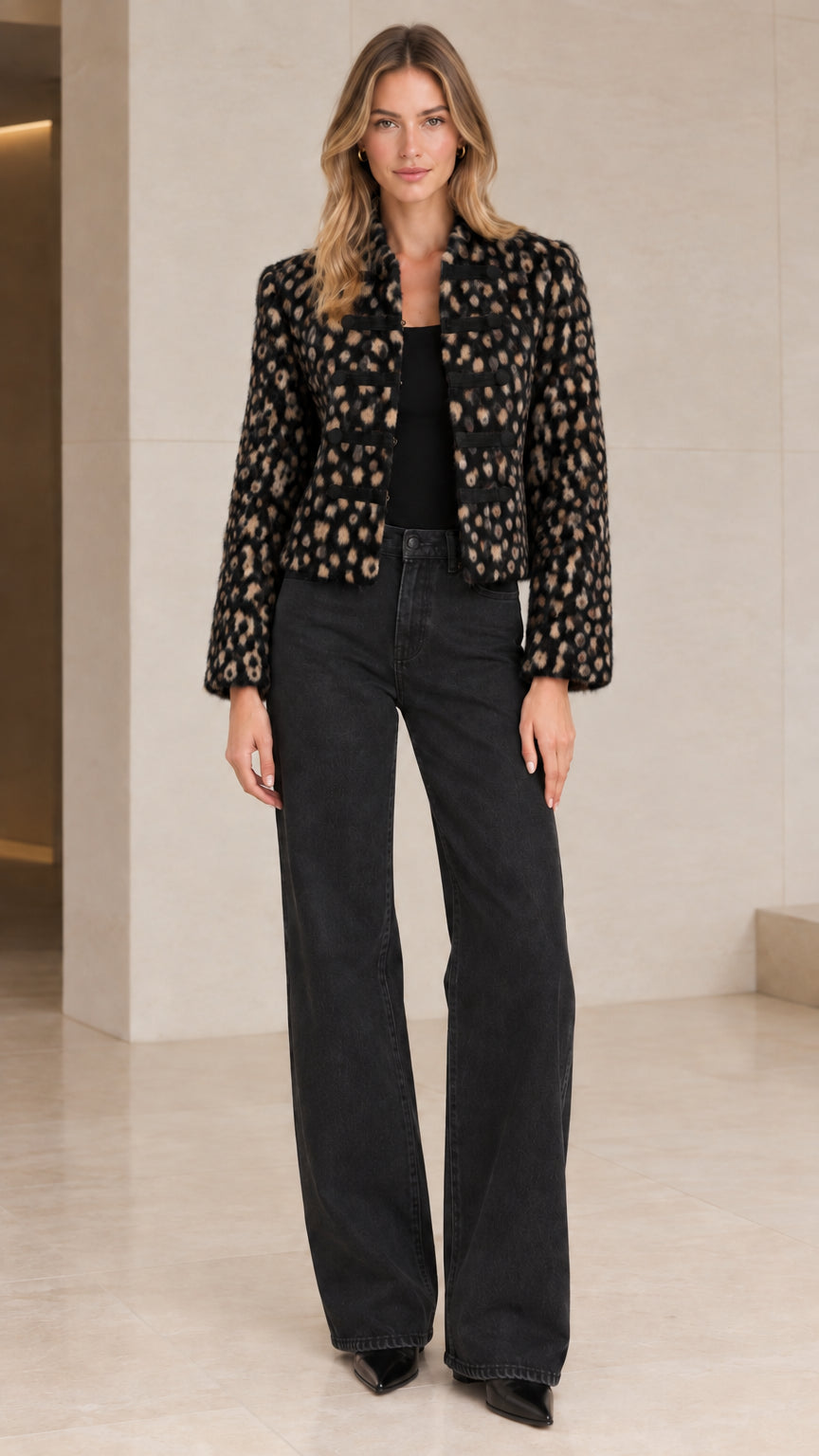Model wearing Black Leopard textured cropped military jacket