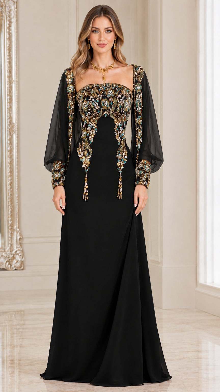 Black embroidered square neck evening gown with sheer bishop sleeves