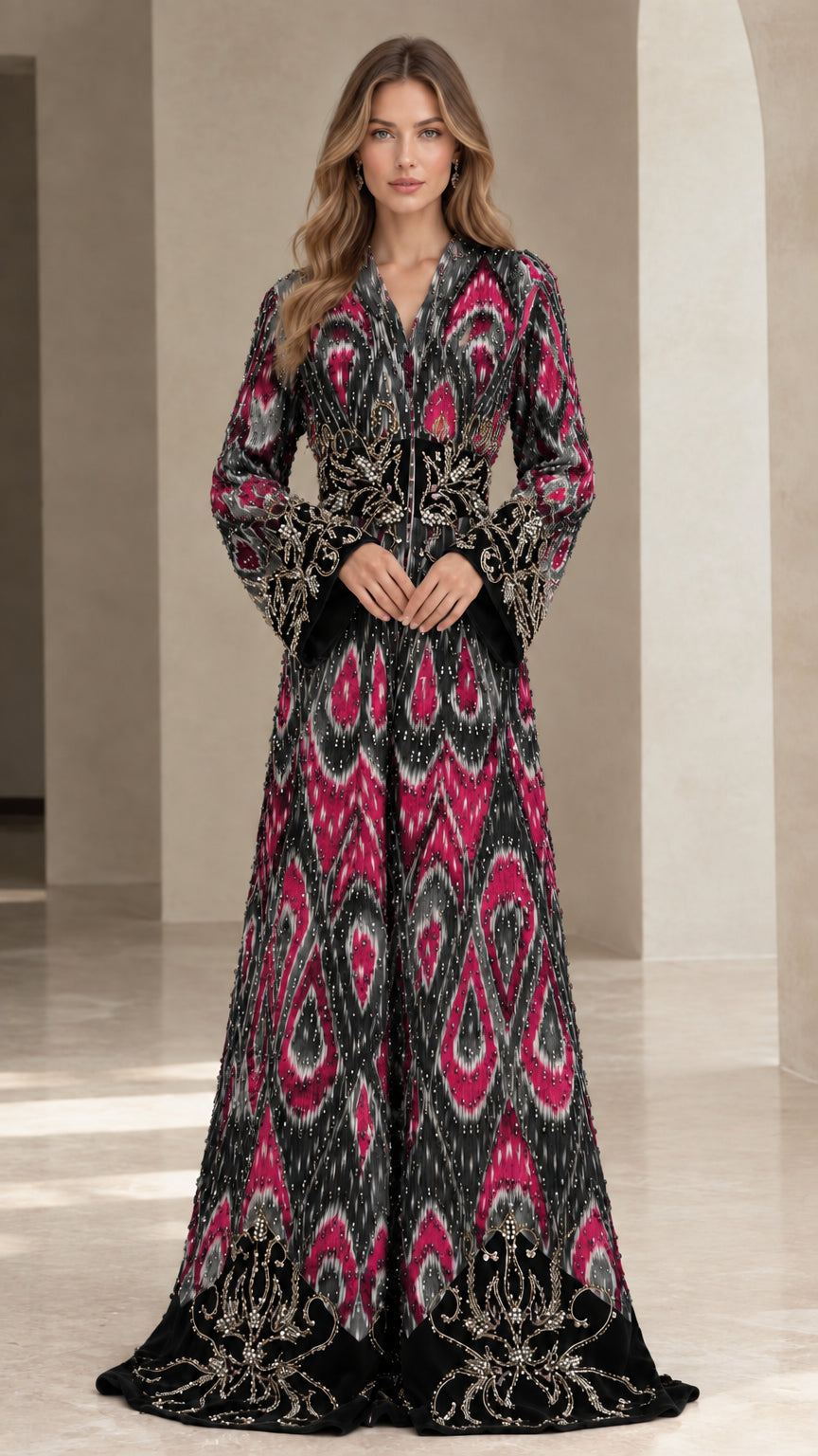 Full-length view of black and magenta embroidered velvet-trim maxi kaftan gown