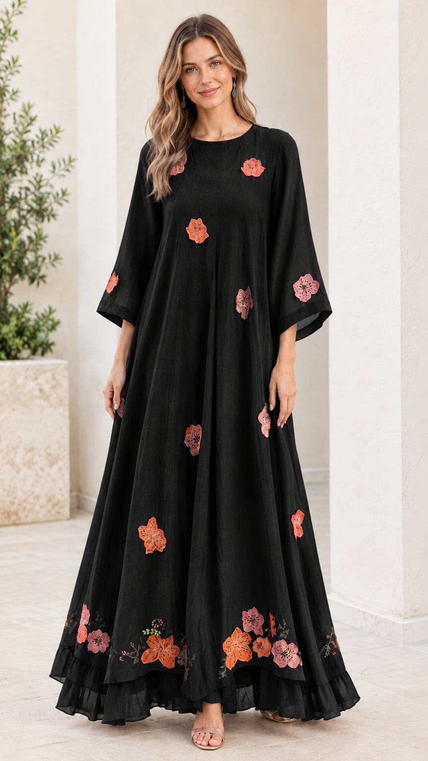 Black floral embroidered A-line maxi dress with 3D appliques