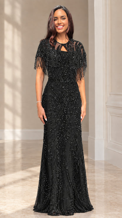 Black fully beaded evening maxi gown with fringe capelet overlay