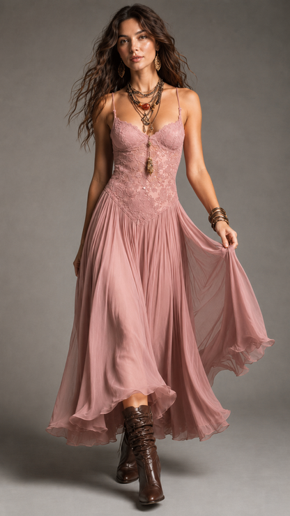 Front view of dusty pink lace bodice maxi dress with soft drape