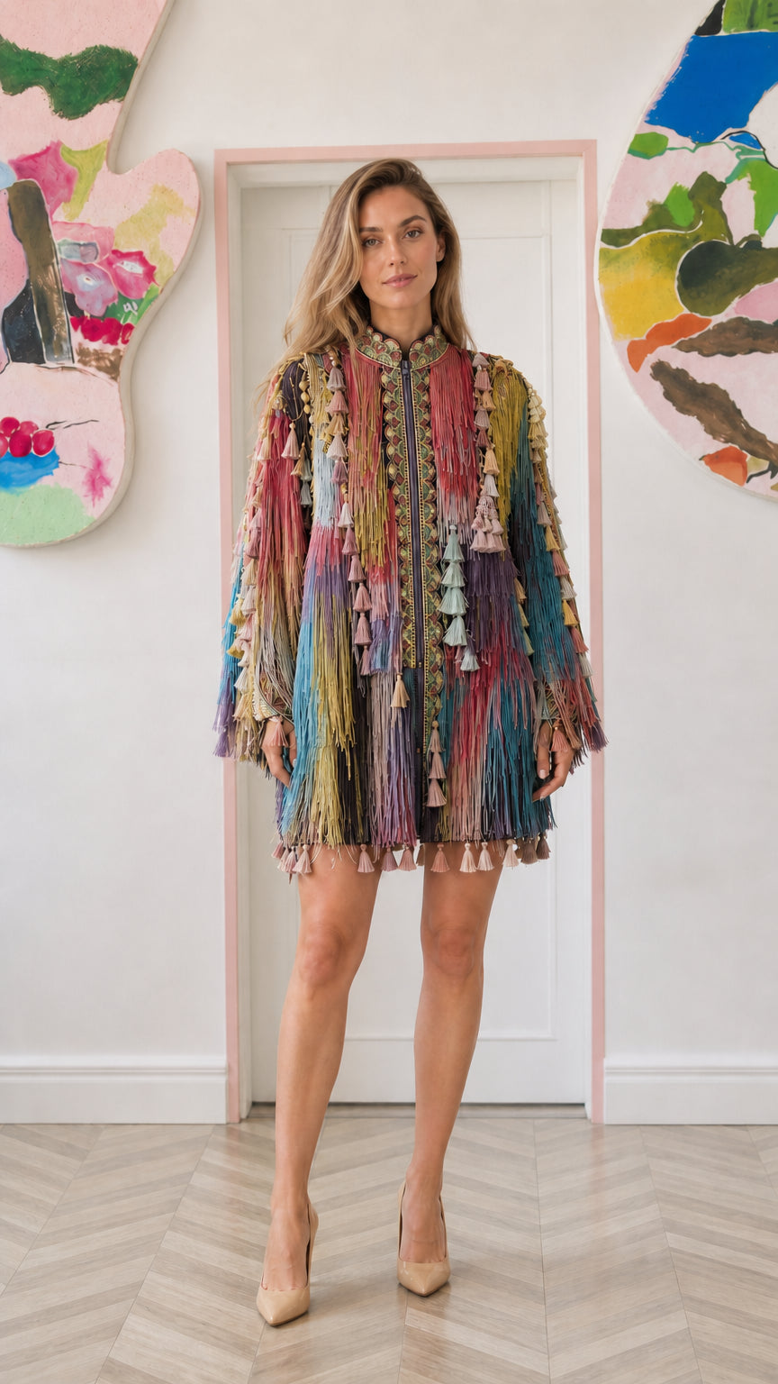 Model wearing teal multicolor fringe tassel zip tunic mini dress