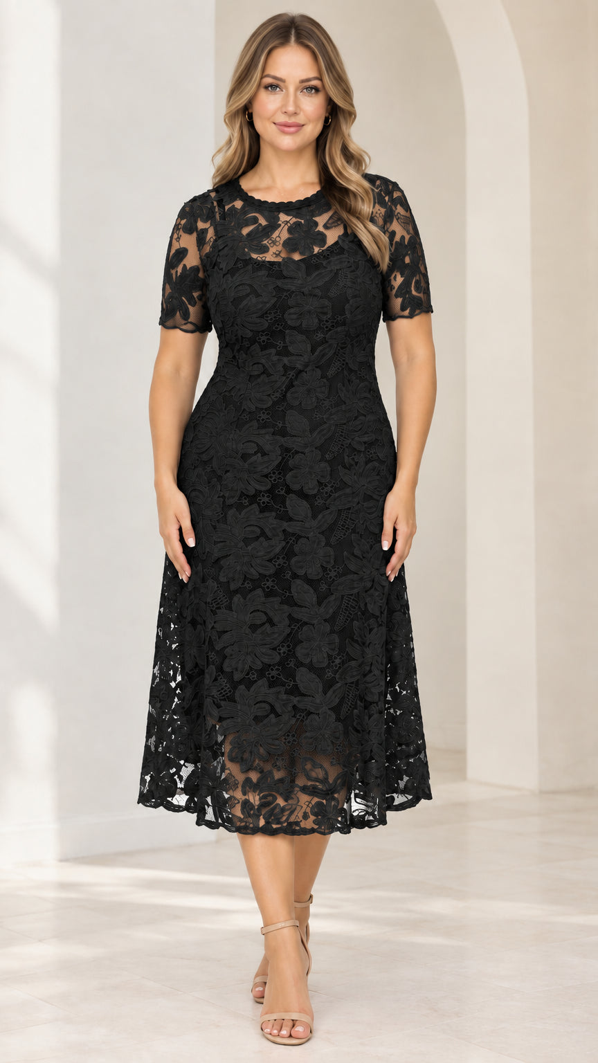 Front view of black floral lace short sleeve midi dress on model