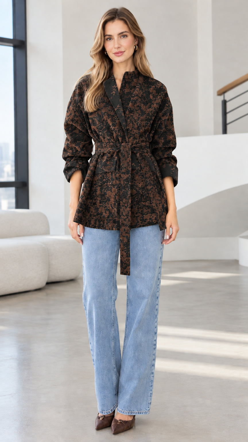 Model wearing charcoal black floral jacquard belted wrap jacket