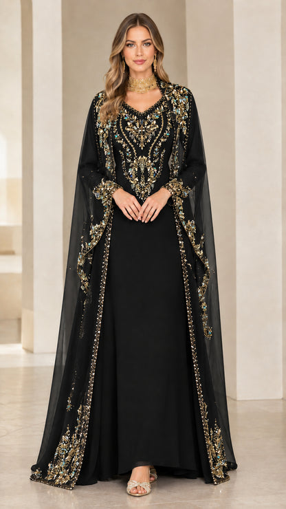 Full-length front view of black embellished cape evening maxi dress