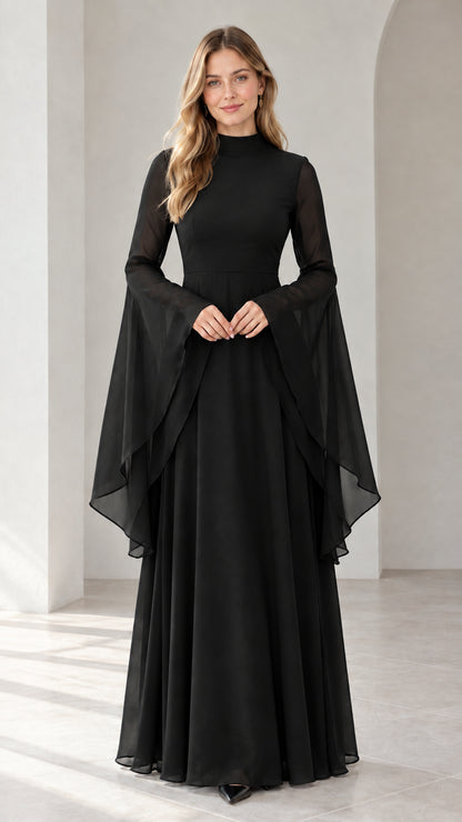 Full-length view of black mock neck chiffon maxi dress with cascading bell sleeves