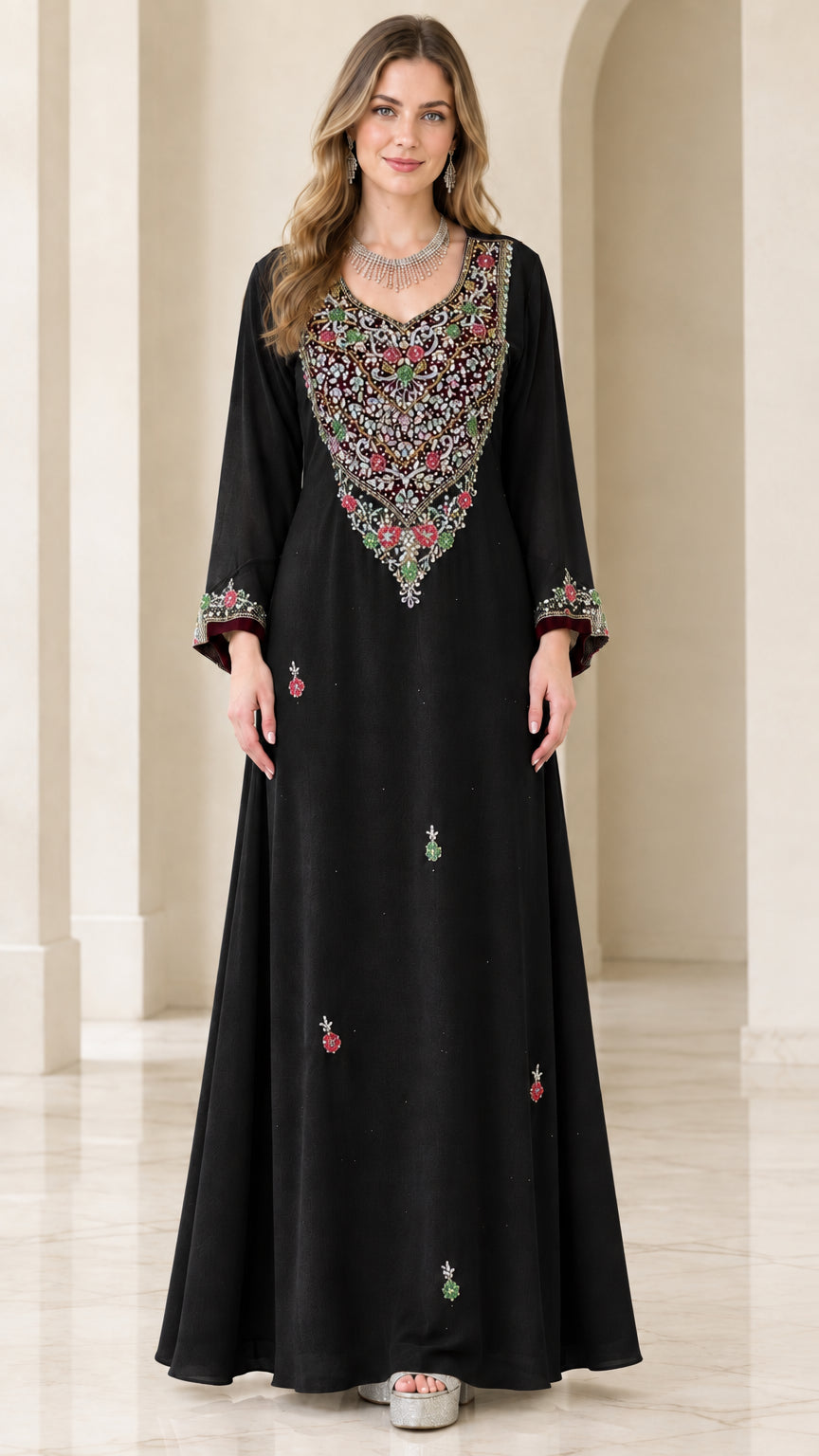 Front full view of black embroidered kaftan maxi dress
