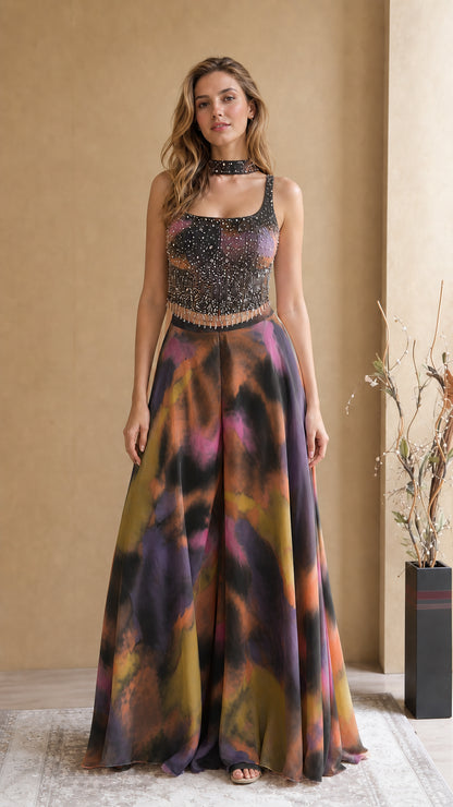 Model wearing Black Multi tie-dye embellished evening jumpsuit with choker